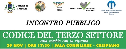 29 novembre a Crispiano: incontro per parlare di Codice del Terzo Settore