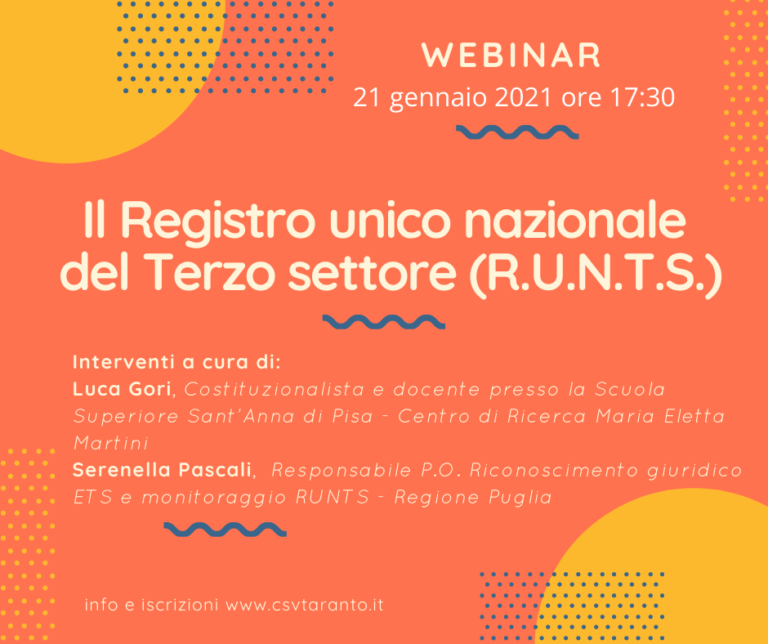 Il Registro unico nazionale del Terzo settore (R.U.N.T.S.) – webinar
