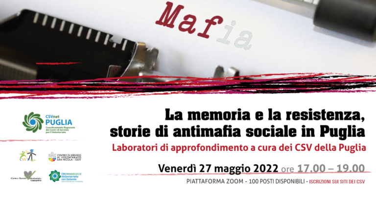 “La memoria e la resistenza, storie di antimafia sociale in Puglia” – Seminario laboratoriale il 27 maggio